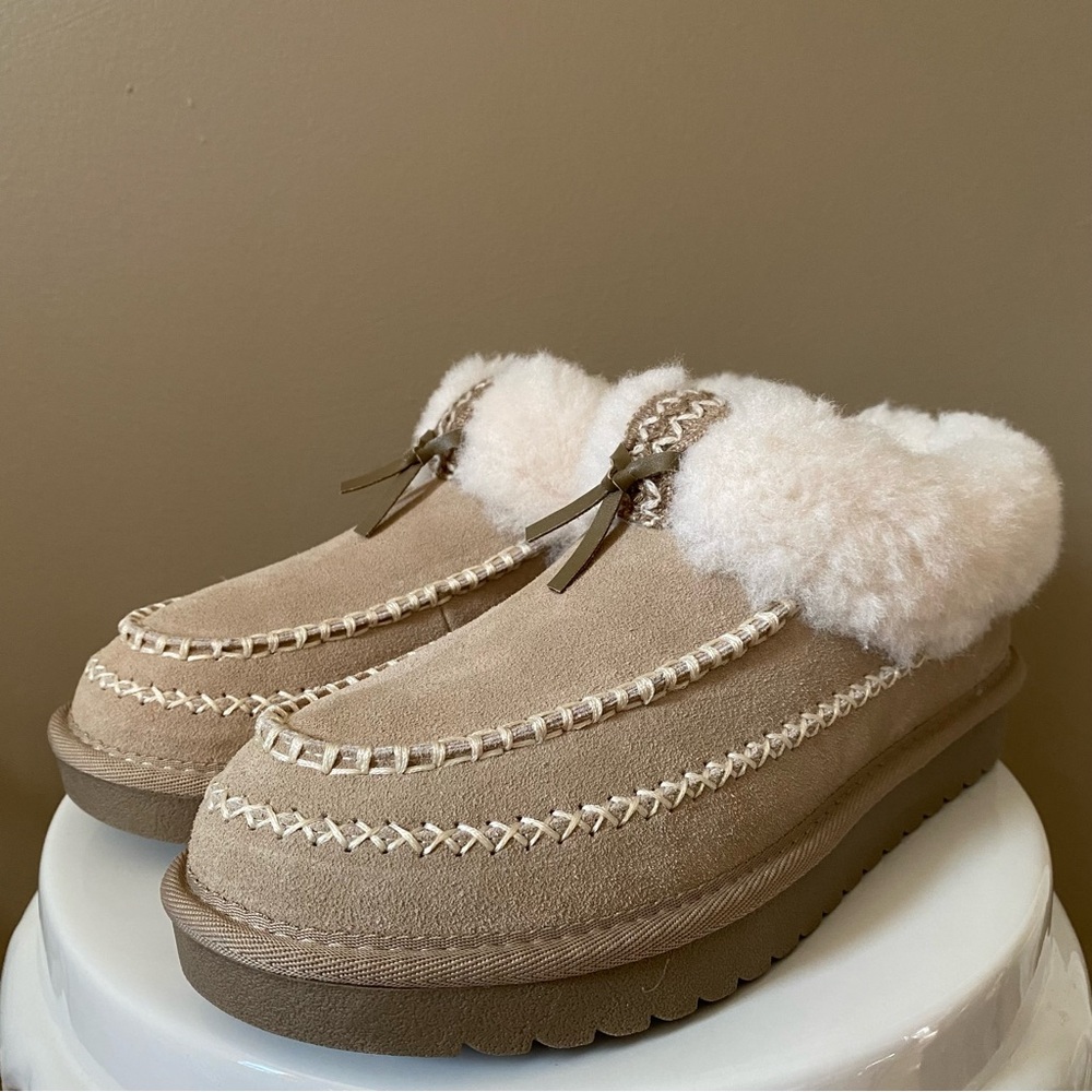 GREYSTONE SUEDE CROSS STICH FAUX FUR SLIP ON MULES ALPINE MINI BOHO Beige 9